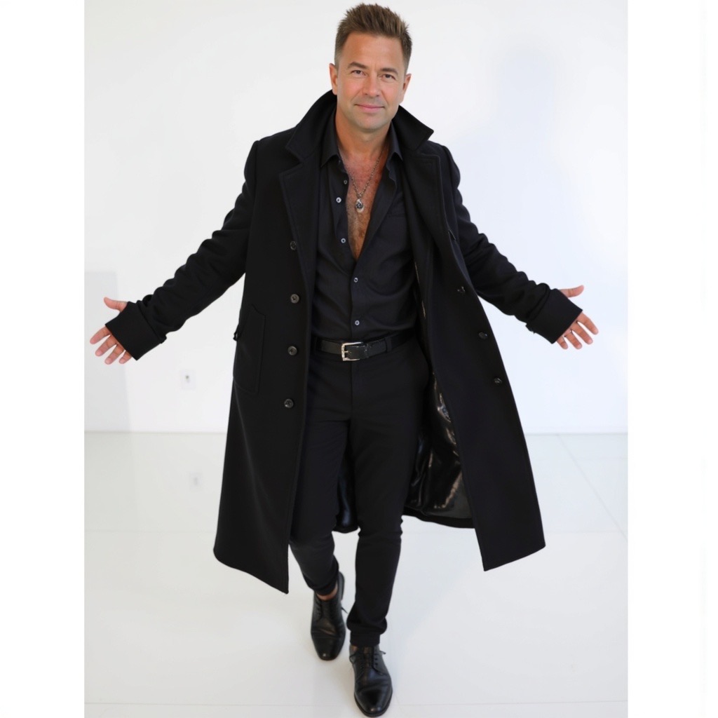 Patrick Lamb — black overcoat